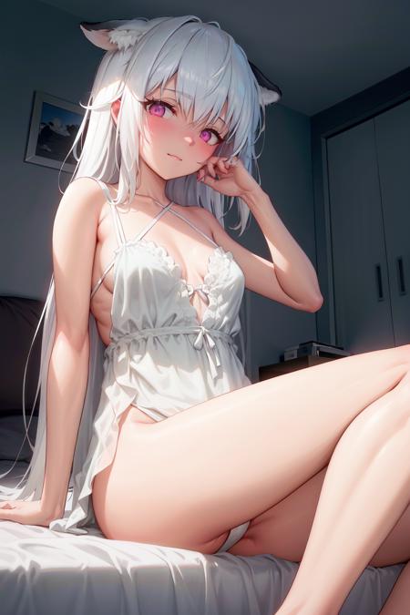 (Aya Shobon, Shobon:1.2), (Masterpiece, Best Quality:1.2),

Indoors, Bedroom, Bed,

1Girl, (Solo:1.4), Sitting on Bed, Medium Breasts, (Looking at Viewer:1.1), (White Negligee:1.2), White Hair, Long Hair, Pink Eyes, 

 <lora:Shobon4:1>