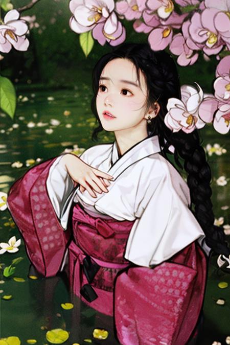 1girl, black_eyes, black_hair, braid, branch, brown_eyes,  hanbok, korean_clothes, twin_braids
An exploration of texture and surface, with tactile qualities that invite touch and exploration, In a hidden sanctuary, a garden of tranquility unfurls, its graceful blossoms and serene ponds invoking a sense of calm, Sporting, Vixen, Short, Lean, Diamond-Shaped Face, Fair Skin, Auburn Hair, black Eyes, Short Nose, Pouty Lips, Receding Chin, Long Hair, Thick Hair, Half Up Half Down, augmented breasts, Clip-on earrings, plum velvet lipstick, Silky luster that imparts a soft and gentle glow, <lora:FilmVelvia2:1>