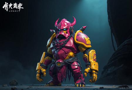 Hyperdetailed pink & yellow Garbage Ogre robot, red helmet, black chains, World Legacy in Shadow backdrop. Confident stance. Matte painting, splash ink illustration, octane render, Unreal Engine 5, Raphael style, Houdini style, dynamic action pose, grammer effect, captivating lighting, isometric, trending on Artstation, CGSociety, 16K, golden ratio.