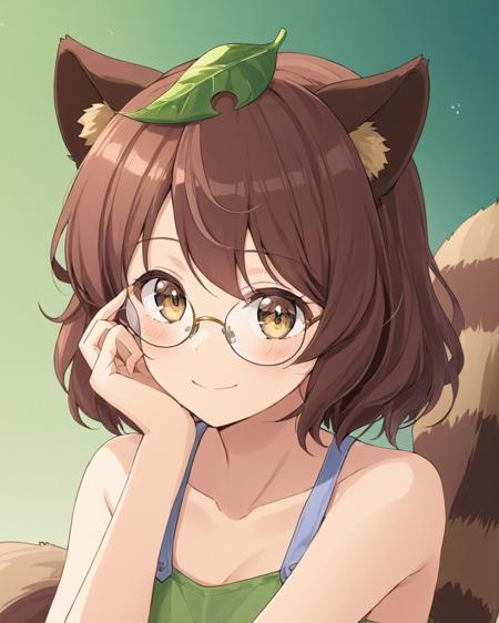 futatsuiwa mamizou,1girl, solo, glasses, smile, looking_at_viewer, under-rim_eyewear, closed_mouth, raccoon_girl, bell, leaf_on_head, hand_on_own_chin, collarbone, portrait
<lora:futatsuiwa_mamizou_image2346_2023-12-20-000010:1>,star-shaped_pupils,symbol-shaped_pupils,. gorgeous,key visual, vibrant, studio anime,award-winning, professional, highly detailed,high budget, cinemascope