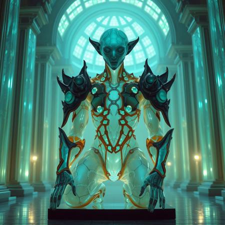Masterpiece 4 protozoa/humanoid, bioluminescence translucent  body, with no ears and no nose, 32k, 16k, 8k, masterpiece, cinematic art, Kaiju bioluminescence translucent armor, sitting in a bioluminescence translucent cathedral,