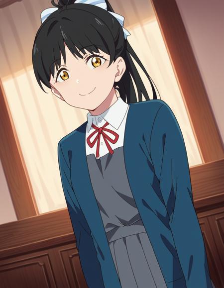 <lora:ren-hazuki-s2-ponyxl-lora-nochekaiser:1>, ren hazuki, long hair, bangs, black hair, bow, yellow eyes, ponytail, hair bow, high ponytail, shirt, dress, ribbon, school uniform, jacket, white shirt, open clothes, collared shirt, open jacket, red ribbon, neck ribbon, blue jacket, pinafore dress, grey dress, yuigaoka school uniform,