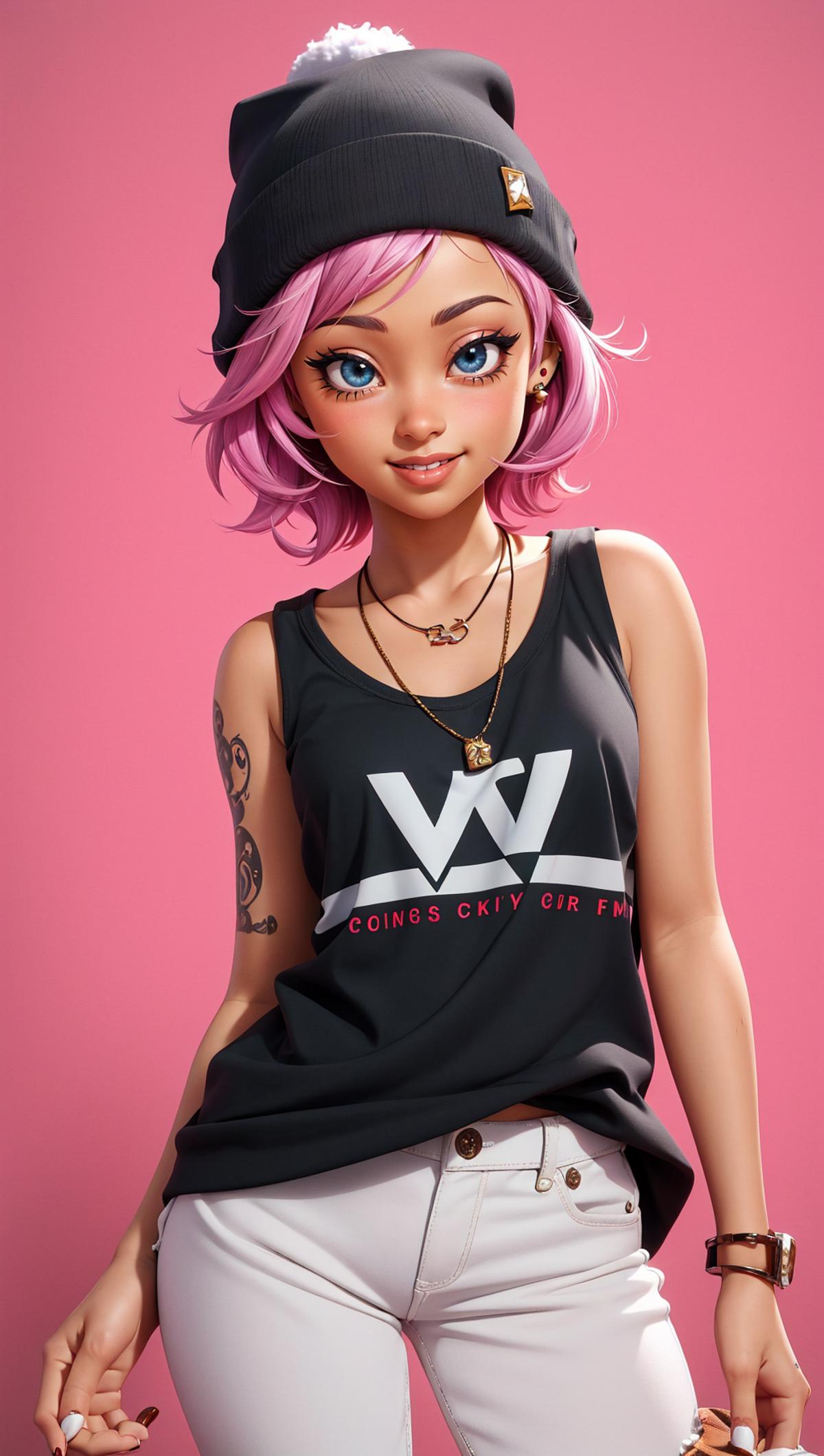 A doll with a pink wig is wearing a black tank top and a necklace.