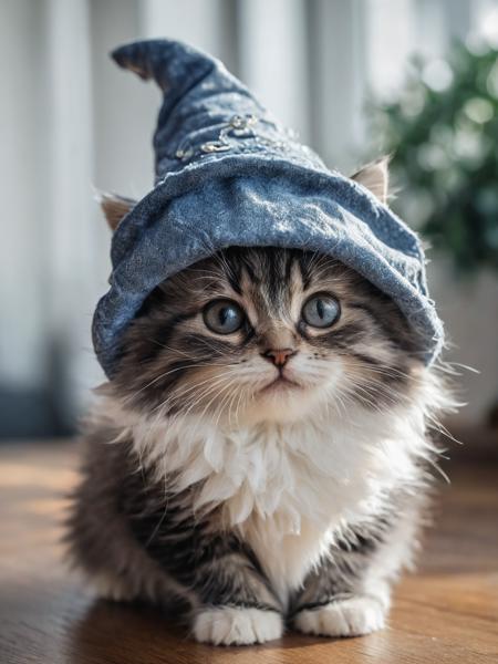 A photo of a cute anthropomorphic fluffy kitten wearing wizard hat , ultra-quality, hyperrealistic, RAW photo, highly detailed, 4k, medium shot, cinematic photography, natural texture, action shot, XF IQ4, 150MP, 50mm, ISO 1000, 1/250s, natural light <lora:add-detail-xl:1>