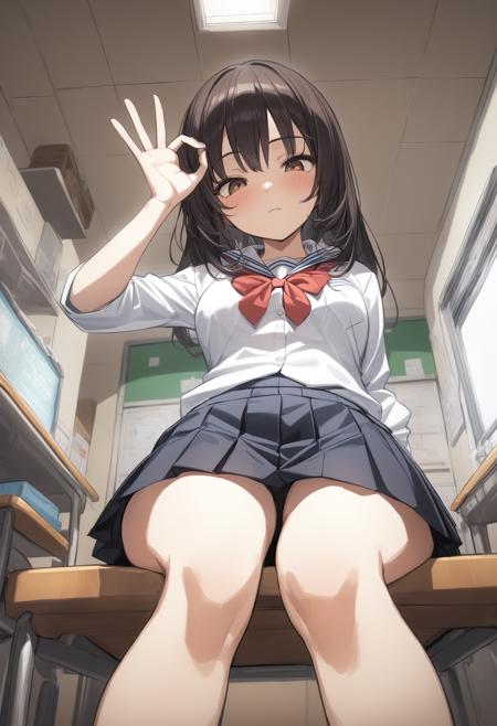 1girl, <lora:sdxl2-flat2-512b:-1>,medium breasts,school uniform,
<lora:oksignXLv1:0.6>,ok sign, from below, feet out of frame, looking down, kubrick stare, science room, closed mouth,
best quality,medium quality,