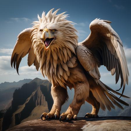 highly detailed documentary photo of griffon:1.3,

yellow eyes, beak, open mouth, ((full body)), 8k, intricate details, depth of field, cinematic,

masterpiece, best quality:1.1, 

ultra photoreal, photorealistic:1.0, sharp focus:1.1, 
depth of field:1.1, god rays:1.4,

50mm, style of Nathan Wirth, Hasselblad X1D II, Porta 160,
