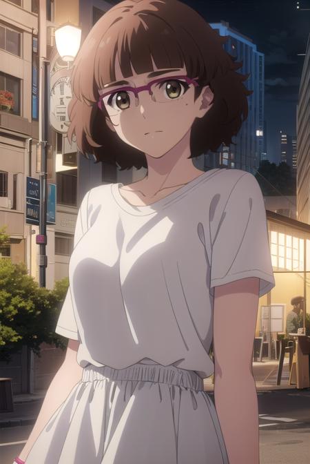 recreatorsmarine, <lora:recreators marine s1-lora-nochekaiser:1>,
marine, short hair, brown hair, (brown eyes:1.3), glasses, mole, mole under eye, bangs, blunt bangs,
BREAK skirt, shirt, white shirt, short sleeves, pink skirt, collarbone,
BREAK outdoor, city, night, sky, buildings, moon, clouds,
BREAK looking at viewer, (cowboy shot:1.5),
BREAK <lyco:GoodHands-beta2:1>, (masterpiece:1.2), best quality, high resolution, unity 8k wallpaper, (illustration:0.8), (beautiful detailed eyes:1.6), extremely detailed face, perfect lighting, extremely detailed CG, (perfect hands, perfect anatomy),