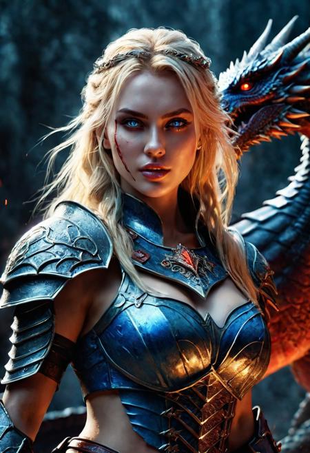 epic fantasy castel, beautiful realistic Dragon Rider warrior girl, flying in battle on a terrible dragon, 8k, ultra realistic, cinematic style, dark fantasy, blonde hair, flying in battle on a terrible dragon, bright colors, ultra-realistic body, perfect athletic body, Attractive girl, artgem, WLOP, realistic tight dirty bloody iron armor, beautiful Dragon Rider warrior girl, fire, defiant and seductive, covered in dirt and blood, cinematic colors Lighting, extremely detailed, 8K, wavy blonde hair, realistic very dirty bloody face, realistic blue eyes, beautiful Warrior girl on in cool outfit, hyper-detailed, hyper-realistic, Attractive 21 old years girl, Attractive, perfect athletic figure, handsome vampire pale bloody face, beautiful perfect detailed pupils, wet oily shiny skin, beautiful breasts, Dark Ages, intricate, smooth, sharp focus digital painting, Asymmetrical Balance, hyperdetailed painting, dynamic lighting, very detailed