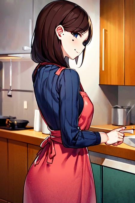 zemimama, 1girl , apron, mole, from behind, looking at viewer,   kitchen,   <lora:zemimama-000006:0.7>