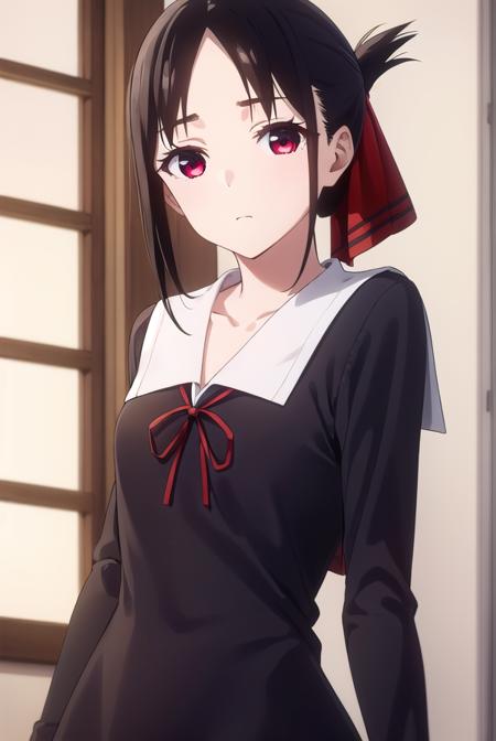 kaguyashinomiya, <lora:kaguya shinomiya s3-lora-nochekaiser:1>,
kaguya shinomiya, short hair, bangs, black hair, (red eyes:1.3), hair ribbon, sidelocks, folded ponytail, (parted bangs:1.5),
BREAK long sleeves, dress, ribbon, school uniform, collarbone, black dress, sailor collar, white sailor collar, red ribbon, neck ribbon, shuuchiin academy school uniform,
BREAK indoors, classroom,
BREAK looking at viewer, (cowboy shot:1.5),
BREAK <lyco:GoodHands-beta2:1>, (masterpiece:1.2), best quality, high resolution, unity 8k wallpaper, (illustration:0.8), (beautiful detailed eyes:1.6), extremely detailed face, perfect lighting, extremely detailed CG, (perfect hands, perfect anatomy),