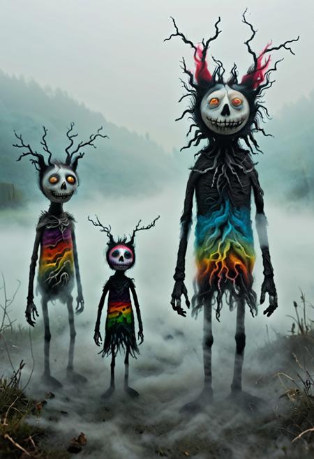 colorful, creepy drawing, simple illustration, childlike illustration. creepy, scary, wonderful creatures, World Morph Felt, 
Dead can dance, misty morning, unreal shapes emerge from the fog, photo realism.
detailed,masterpiece,high quality, 8K Ultra HD, dark,creepy creature drawing,2d