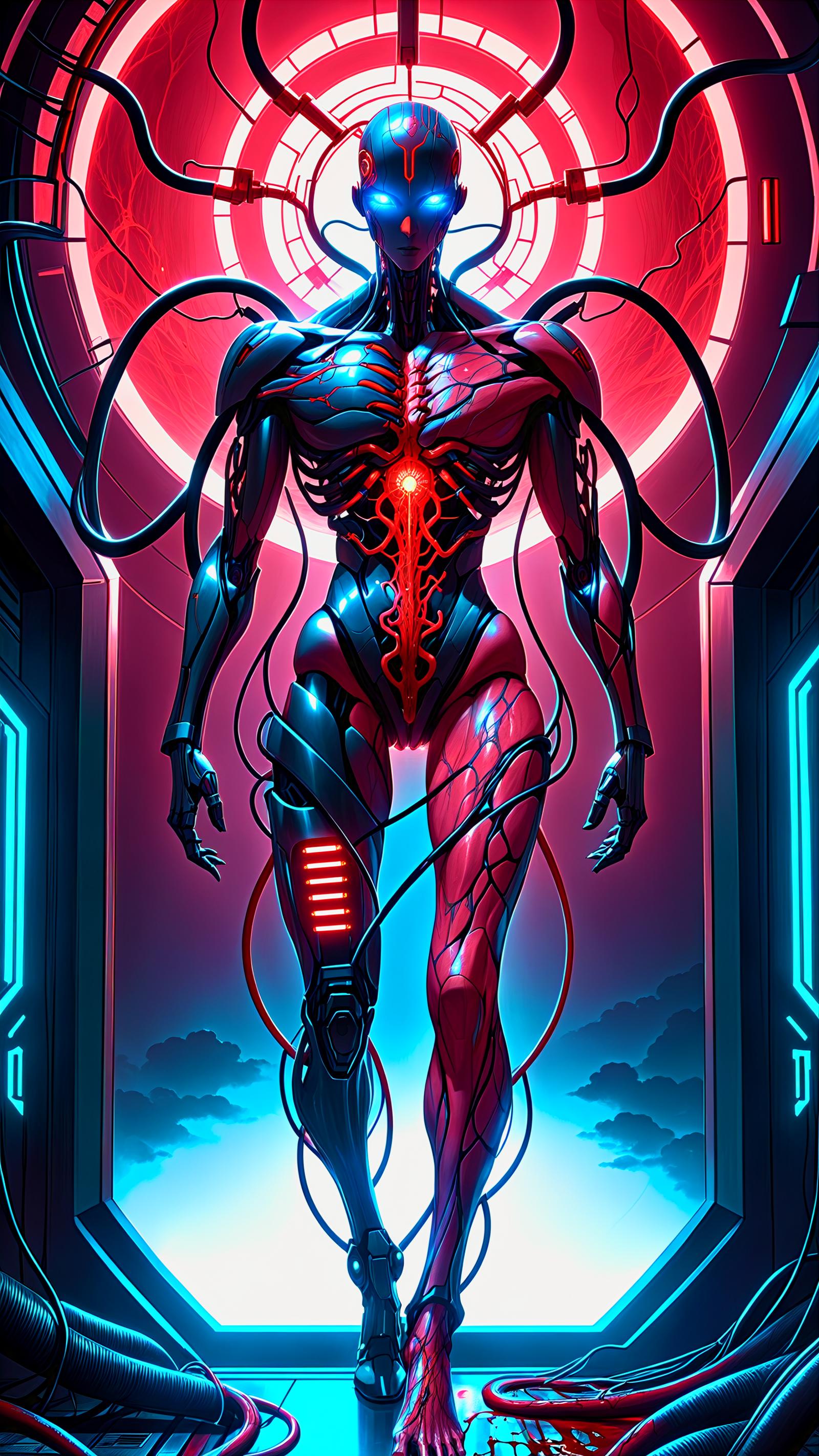 A robot with a red and black body standing in a doorway.