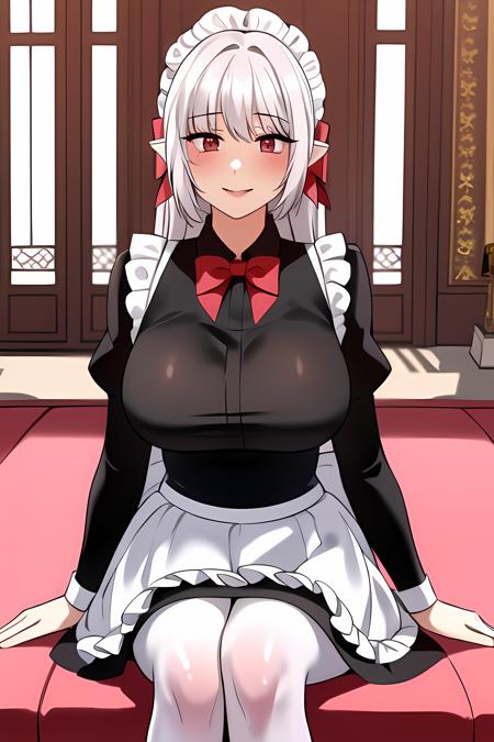 ((masterpiece, best quality)),1girl,sitting,smile,solo,indoors,blush,elf, blush,(large breasts),bow breasts, long_hair, dress,maid, maid_apron, maid_headdress, pointy_ears, red_bow, red_bowtie, puffy_sleeves,red_eyes,(white_pantyhose),shiny_skin,,,,,, ,extremely detailed CG unity 8k wallpaper, perfect lighting,Colorful, Bright_Front_face_Lighting,White skin, (masterpiece:1.0),(best_quality:1.0), ultra high res,4K,ultra-detailed, photography, 8K, HDR, highres, absurdres:1.2, Kodak portra 400, film grain, blurry background, bokeh:1.2, lens flare, vibrant_color,professional photograph,bow breasts,(Beautiful large_Breasts), (beautiful_face:1),(narrow_waist),Beautiful Finger,Beautiful long legs,Beautiful body,Beautiful Nose,Beautiful character design, perfect face,perfect balance,(2d)