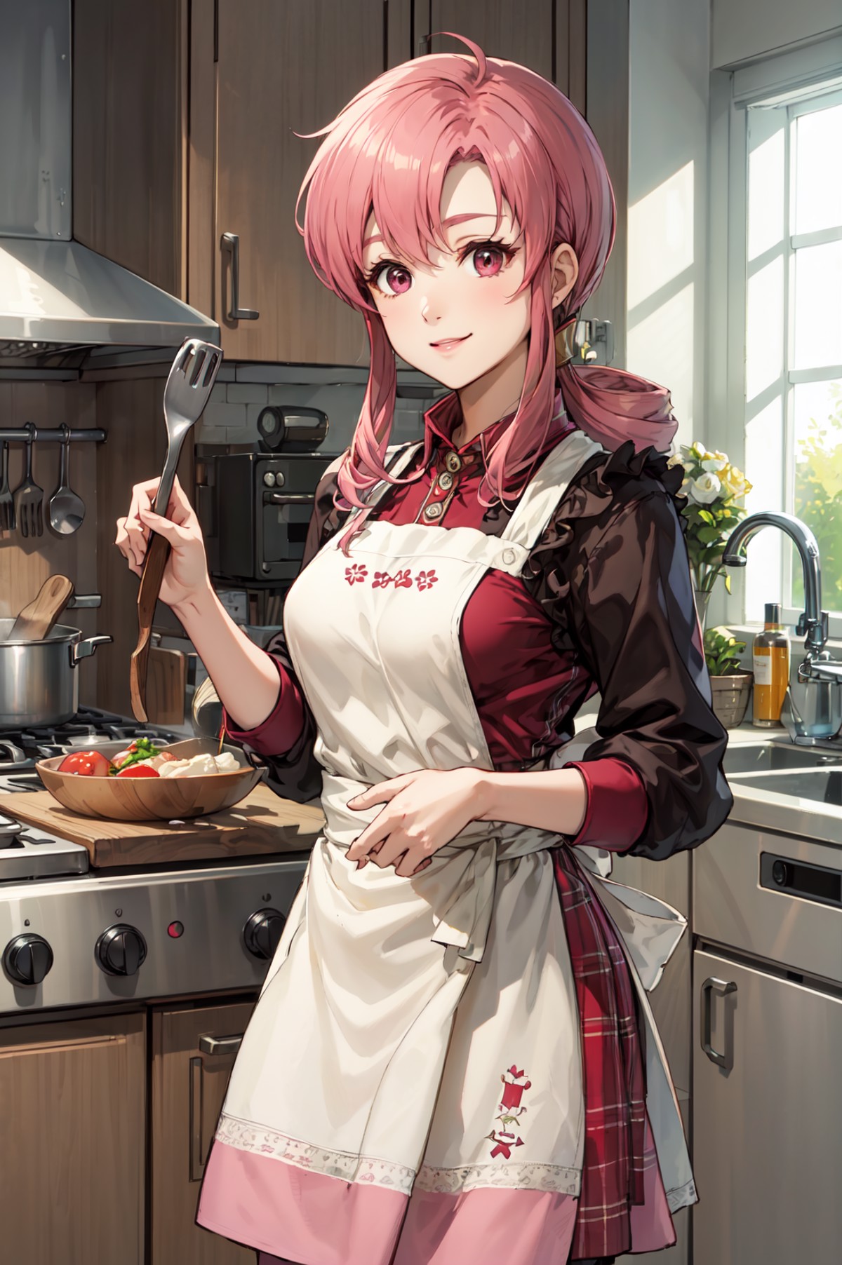 smile,cooking in kitchen,<lora:ethlynV2:0.8>,def_ethlyn,apron,indoors,(masterpiece, best quality, ultra-detailed, best sha...