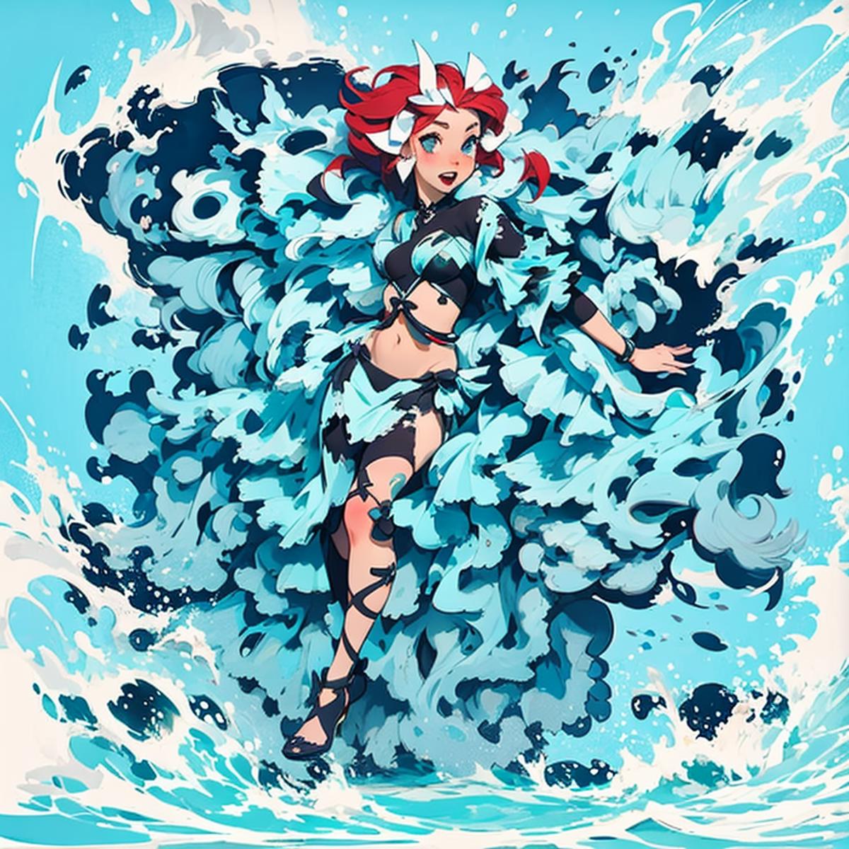A Cartoon Image of a Woman in a Blue Dress and White Boa Standing in Water.