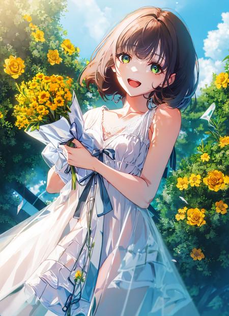 1girl, dress, flower, solo, yellow flower, holding, bouquet, outdoors, brown hair, holding bouquet, smile, looking at viewer, open mouth, sky, sleeveless, sleeveless dress, white flower, white dress, parted bangs, field, collarbone, day, bare shoulders, bangs, flower field, :d, yellow dress, bow, ribbon, frills, green eyes, sundress, standing, medium hair, blue sky, frilled dress, bare arms, orange flower<lora:style_YoneyamaMaiSTD:1:OUT8>