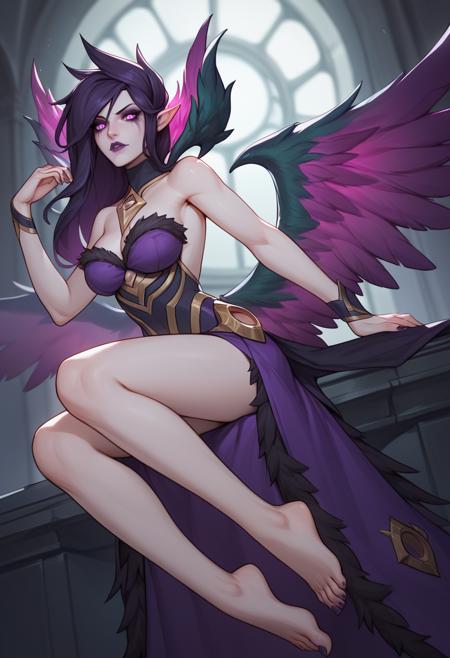 M0rg4n4, morgana, 1girl, purple eyes, pointy ears, makeup, purple lips,long hair, black hair, purple hair