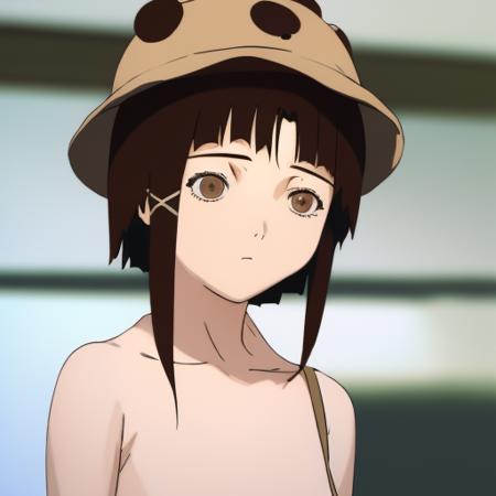 <lora:lain anime style-000001:1> lain anime style, iwakura lain 1girl, solo, looking_at_viewer, short_hair, brown_hair, hair_ornament, hat, brown_eyes, closed_mouth, hairclip, blurry, blurry_background, parody, asymmetrical_hair