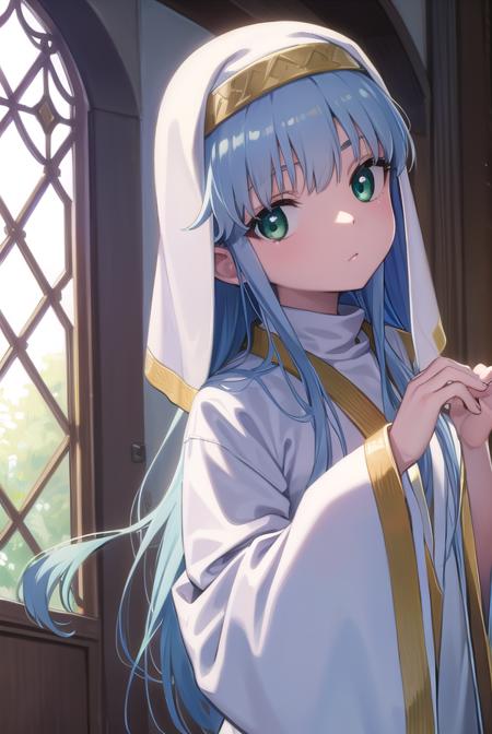 index, (green eyes:1.5), blue hair, long hair, habit, long sleeves, nun, robe, white robe, wide sleeves,