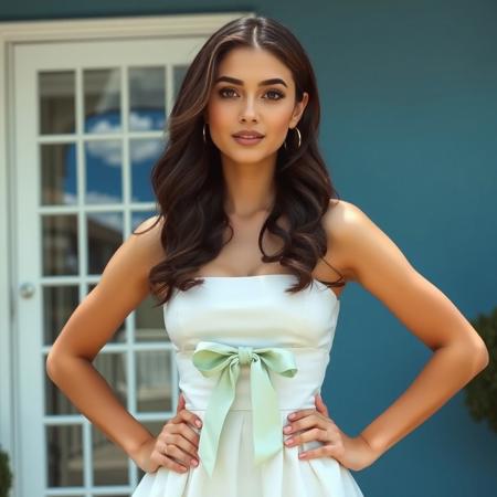 A young woman standing outdoors and resting both hands on her hips. The woman has fair skin, long, wavy dark brown hair that cascades over her shoulders, and a delicate, oval face with large, almond-shaped brown eyes, a small nose, and soft pink lips. Her body is slender with medium-sized breasts. She is wearing a strapless, white dress with a fitted bodice and a full skirt, cinched at the waist with a light green bow. Her outfit is accessorized with silver, hoop earrings. She has a confident, poised expression and is looking directly at the viewer. The view is slightly from the lower left part of the image. The background features a large window with white frames, in which a blue sky with fluffy white clouds is reflected and a door with white frames near to it. The wall behind her is painted in a blue tone, adding a serene ambiance to the scene. The overall color palette is soft and calming, with a mix of cool blues and whites, creating a tranquil and elegant atmosphere.