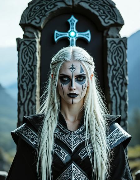 RAW analogue photo ((Hel the Norse Goddess)), clear focus, high resolution image, nbn-hel, ((half body, left black, right white)), ((white hair right side, black hair left side)), ((two-tones hair)),  heterochromia, realistic, <lora:sdxl_NBN-Hel_NordicByNature_r1:0.8>, nordicbynature, <lora:NordicByNature:0.8> ,Hel sitting atop a throne made of Viking shields and swords, her eyes glowing with the wisdom of the dead.,high quality, film grain, Fujifilm XT3, 8k uhd, dslr, film grain, kodak tri-x 400 film, grain photo DOF, faint lighting, dynamic angle, cinematic, Depth of field, bokeh, best quality, cinematic, light particles, highly_detailed, very_aesthetic, golden hour, beautiful_and_aesthetic