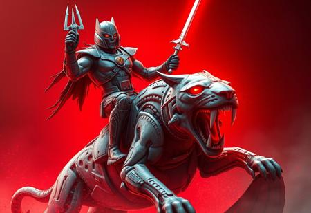 Generate a movie still of Cyborg He-Man riding Zombie Battle Cat, with a blood aura surrounded by a red light, showcasing intricate details. The image should resemble the style of Mac Conner, with a mix of art styles similar to Artgerm and a touch of realism akin to Leonardo DiCaprio's film appearances. The artwork should be of high quality, 8K resolution, and lifelike, with a focus on spicy and intimidating visuals. The overall aesthetic should convey carnage and the sense of an apex predator. Consider the official details found on Amiami and trending art styles on Artstation for inspiration.