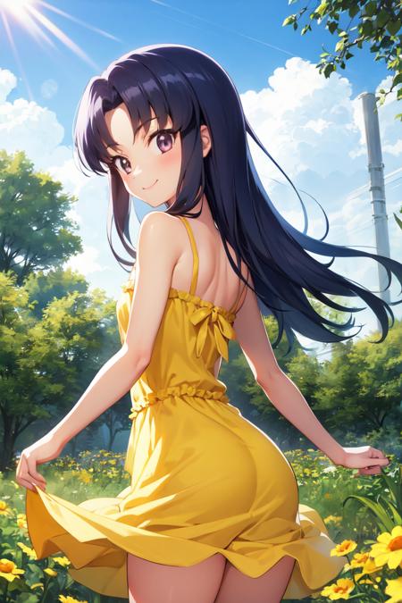 masterpiece, best quality, absurdres, perfect anatomy, 1girl, solo, hikawaIona, long hair, from behind, (yellow sundress), garden, day, sunshine, smile, looking back, <lora:CureFortune:0.9>