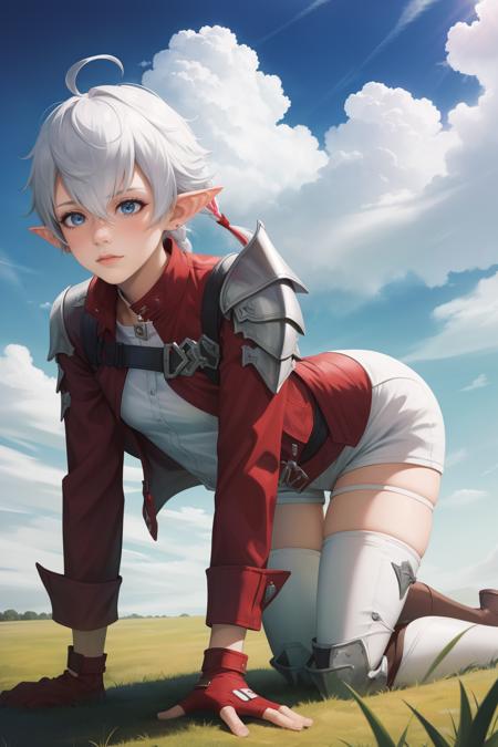 masterpiece, best quality, 1girl, alisaie, single braid, hair ribbon, red jacket, shoulder armor, red fingerless gloves, white shirt, red belt, white shorts, thigh boots, all fours, from side, looking down, furrowed brow, grass, field, sky, clouds, dark skies <lora:alisaie-nvwls-v1-000012:0.9>