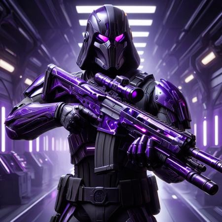 a realistic action shot  of a black and purple Stormtrooper, wielding a black and purple assault rifle, aiming at the camera, reflective light, futuristic spacestation in background, HD, masterpiece, best quality, hyper detailed, ultra detailed,