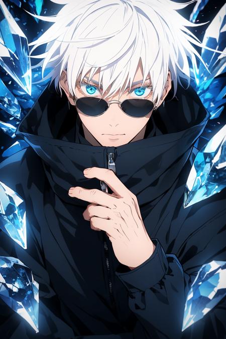 gojou satoru, 1boy, full  body, white hair, blue eyes, looking at viewer,
high collar, hair between eyes, black jacket,short hair, bangs, white hair, colorful crystal stone, hair between eyes, colored eyelashes, black jacket, jacket, high collar, round sunglasses, 
<lora:Kim_gojou satoru:0.8>