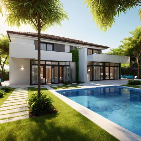 8k,realistic,a beautiful villa with a swimpoor,detailed water,plants,day time,shining,shadows,modern villa,