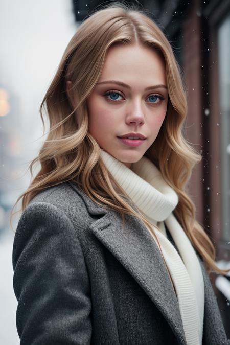 professional portrait photograph of (fr1d4gus:0.99), in winter clothing, beautiful face, cute natural makeup, wearing elegant winter fashion clothing, ((standing outside in snowy city street)), stunning modern urban upscale environment, ultra realistic, concept art, elegant, highly detailed, intricate, sharp focus, depth of field, f/1. 8, 85mm, medium shot, mid shot, (centered image composition), (professionally color graded), ((bright soft diffused light)), volumetric fog, trending on instagram, trending on tumblr, hdr 4k, 8k, ((closeup portrait:1.2))