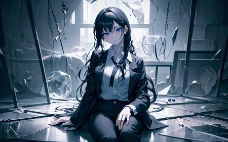 (best quality, masterpiece),(1girl, solo, dress shirt, expression face, sitting, looking at viewer, blue eyes, long hair, upper body,), (1girl, solo, black coat, expression face, looking at viewer,standing, black eyes, glowing eyes, braided hair at one side, closed mouth, black pants, , white long hair, cowboy shot,), (monochrome background, broken window behind, swirling broken glass pieces background, wired place),