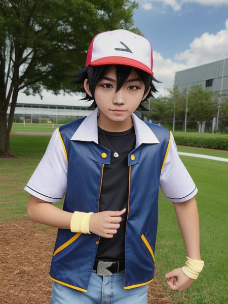 anime artwork, 1boy, OGAshK, baseball cap, black hair, short hair, spiked hair, brown eyes, outdoors, indoors, convention, cosplay convention,  blue jacket with white sleeves, black shirt, jeans, upper body, anime style, vibrant, highly detailed, <lora:Detail - add_detail:0.2>, <lora:Character - AshOG:0.9>