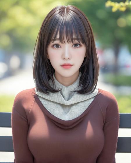 pureerosface_v1:0.3, best quality, photorealistic, 8k, high res, full color, 1girl, woman, 20 years old woman, (closed mouth:1.43), (skindentation), (portrait:0.6), trees, park bench, daylight, ((park background:1.52)), full color, ((necksweater:1.68)), looking at viewer:1.8, (1girl eyes looking at viewer:1.55), (medium-length hair, brownhair, partedbangs:1.45), (bokeh), <lora:AAW-wendy:0.65>