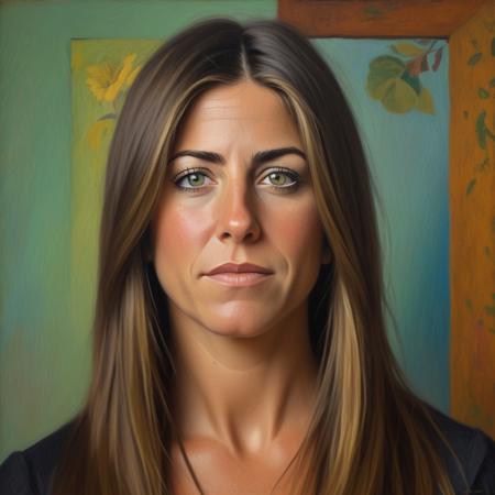 jennifer aniston portrait in the style of gauguin, pg rated, surrealist