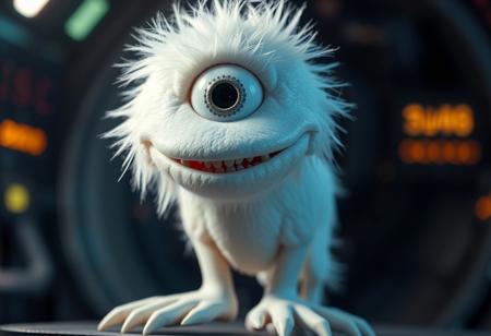 a white muppet with one central alien eye, and real sharp teeth, a scaly belly, and three hoofed legs, spaceship background, bokeh