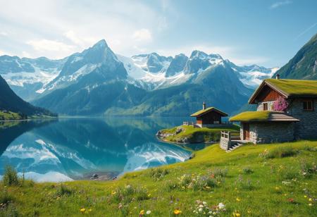 Ultra realism, high quality, high resolution 8K and above, stable and accurate focus, ultra correct anatomy, super detail. A beautiful mountain scene with tall snow-capped peaks reflected in a crystal clear lake. In the foreground are green meadows dotted with wild flowers of various colors. Included in the landscape are houses built of stone and wood, architecturally designed to blend in with nature. The roofs of the houses are covered with thick grass and flowers
