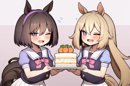 br, 2girls, ;d, animal ears, blue hairband, blush, bow, bowtie, brown hair, brown tail, cake, carrot, collarbone, eyes visible through hair, fang, flying sweatdrops, food, gradient background, grey hair, grey tail, hair between eyes, hairband, holding, holding cake, holding food, horse ears, horse girl, horse tail, long hair, looking at viewer, multiple girls, one eye closed, open clothes, open mouth, open vest, pleated skirt, puffy short sleeves, puffy sleeves, purple bow, purple bowtie, purple serafuku, purple shirt, purple vest, sailor collar, sailor shirt, school uniform, serafuku, shirt, short hair, short sleeves, skirt, smile, sparkle, sweat, tail, tracen school uniform, very long hair, vest, whipped cream, white sailor collar, white skirt