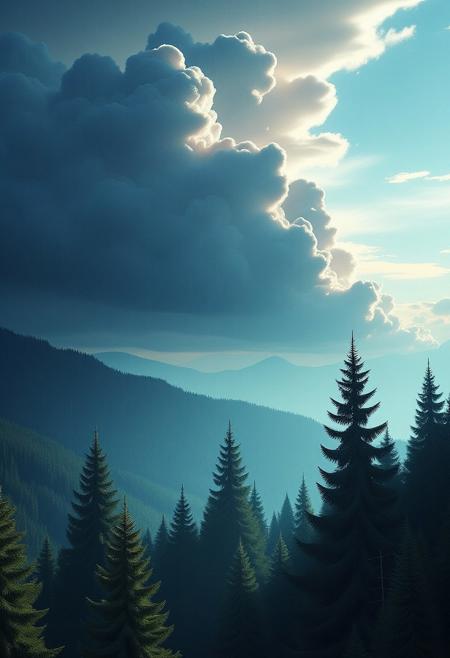 clouds made out of fir needles over a a pine forest,sky,day,cloud,raining,
--uplight.,vibrant masterpiece,32K,UHD,best resolution,perfect details,best quality,best details,best artist,sharp edges,detailed textures,full view,atmospheric lighting,visually stunning,perfect composition,trending on behance,--uplight,