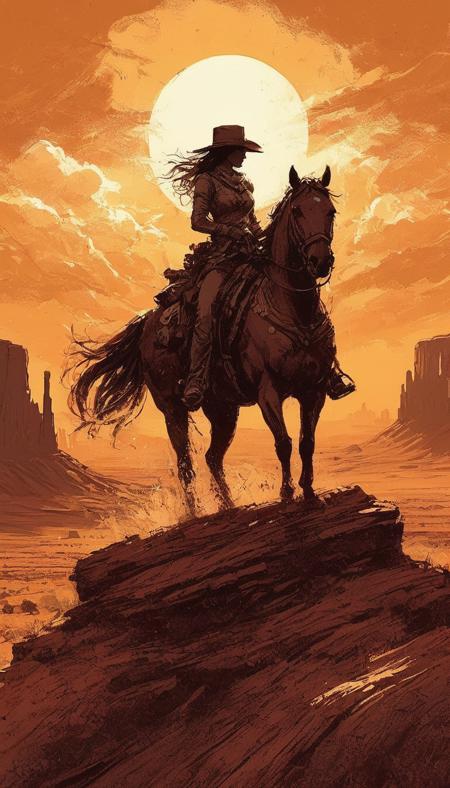 Special Ink-drawing mode,intricate linework with expressive contrasts,Mh1$AgThS2,(inksplash painting:0.8),cowboy shot  of  a stunning female cowboy,(limited color palette:1.1),(Sepia:1.1) and (strong blood red and  dark red:0.5),Silhouette Art,magnificent,the style of ck-mgs,<lora:SDXL_Ink-drawing_10_TA:0.5>,
Background  is a scene in the monument valley with a spectacular sunset outlining the character,
detailed,masterpiece,