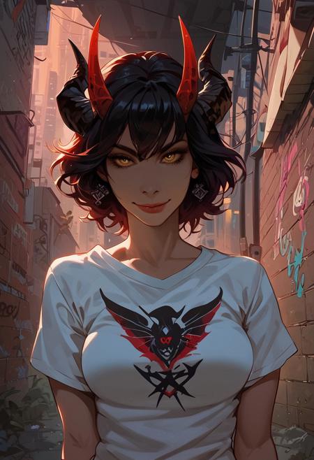 score_9, score_8_up, score_7_up, score_6_up, aesthetic ,  punk, demon, horns,  outdoors, alley, night, graffiti, t-shirt,  solo,  dutch angle,  g0thicPXL,  (big lips:0.6), (close up:1.2), portrait, medium breasts, smug, smirk, skinny, pov, leaning toward viewer, realistic