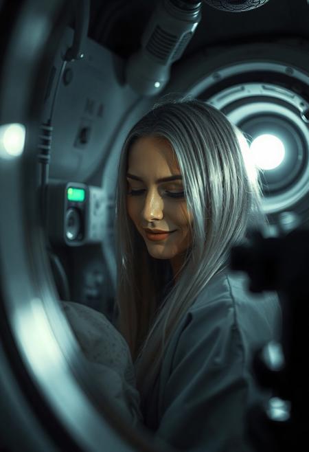 The camera shows a medical cabin, a secret underground facility. The power is turned on, the lights come on, and a woman with long straight silver hair quietly opens her eyes and smiles faintly.
FHD, Rich in details, masterpiece.