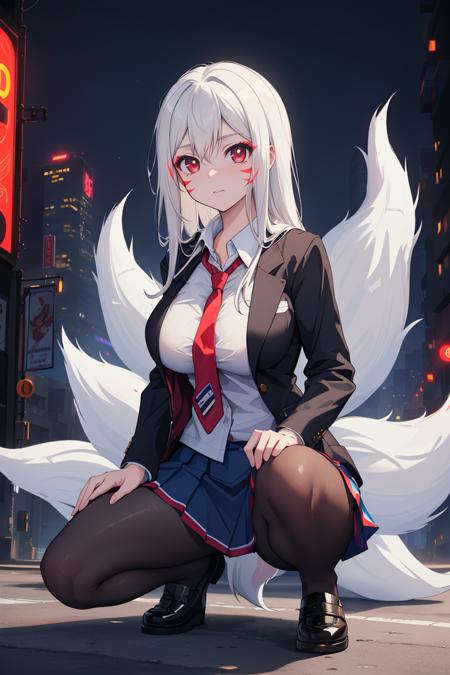 ara haan 1girl, solo, ara haan, black hair, hairpin, hair clip, yellow eyes, long hair, french braid, large breast, 1girl, solo, ara haan, eun mode, white hair:1.3, red eyes, facial mark, long hair, large breast, fox tail, multiple tails,