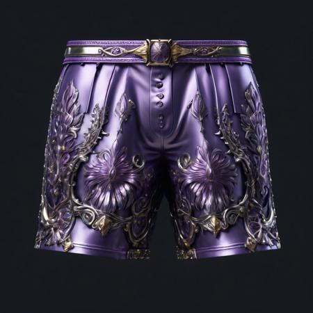 hyper-realistic, rich, (pale-purpure: 1.2) polished steel shorts with rich ornate, black background