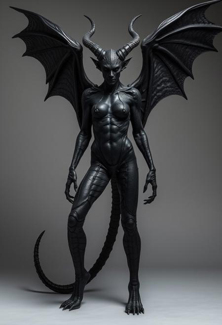 full shot of a drangon winged beast woman demon, black grunge damaged iron skin, standing pose, ultra detailed, high quality textures, Rembrandt style, Roberto Ferri style, grey neutral background