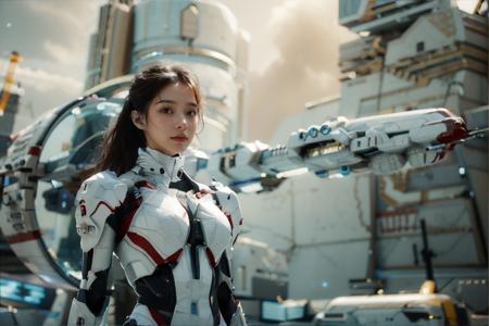 a girl wearing a futuristic mecha,there is a huge spaceship behind me,<lora:zhongbai>,(zhongbai:1.3),Ultra-realistic 8k CG,masterpiece,best quality,(photorealistic:1.2),absurdres,RAW photo,extremely detailed,science fiction,no humans,space,realistic,front view,from_side,metallic,beautiful shadows,metallic luster,Cinematic Lighting,rim light,looking_at_viewer,