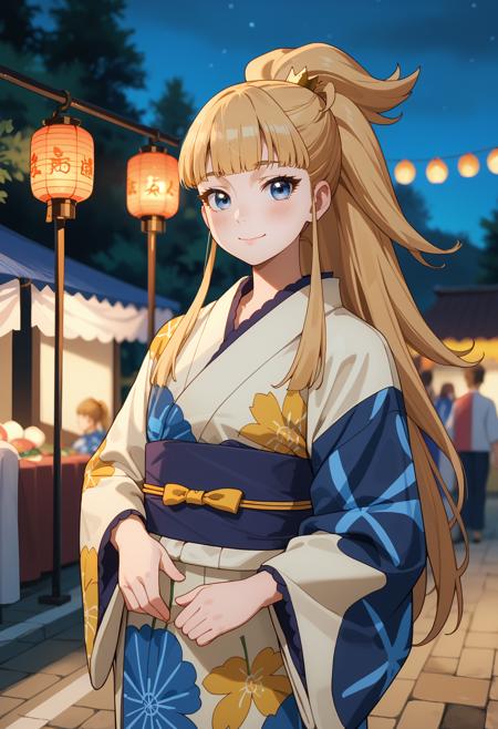 ponytail, long hair, blonde hair, blunt bangs, blue eyes, mini crown KrystalSchool, white shirt, long sleeves, cleavage, blue necktie, bra peek, pleated skirt, frilled skirt, blue skirt multicolored kimono, print kimono, yellow kimono, blue kimono, purple sash KrystalBikini, o-ring bikini, white bikini, large breasts