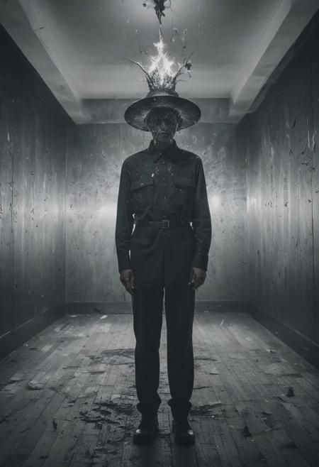 full-length images (full-body images), America wears the cursed sparkle hat of destruction!, macabre surrealism, bypassing rationality, evil after image, double exposure, evil echo image, echo image, refection, sidelit,  masterpiece from an evil dimension, film grain, noise offset, Getty Images quality photograph, surrealist horror photograph, melancholy terror and regret , multiple-exposure photograph, UHD, very slow shutter speed to capture motion, experimental lighting, experimental angles, strong fisheye-lens/ intense fisheye-view photograph,