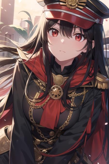 odanobunaga, <lora:odanobunaga-lora-nochekaiser:1>, 
oda nobunaga, black hair, long hair, (red eyes:1.5),
BREAK chain, cloak, family crest, gloves, grey gloves, hat, military, military hat, military uniform, peaked cap, uniform,
BREAK looking at viewer,
BREAK outdoors,
BREAK <lyco:GoodHands-beta2:1>, (masterpiece:1.2), best quality, high resolution, unity 8k wallpaper, (illustration:0.8), (beautiful detailed eyes:1.6), extremely detailed face, perfect lighting, extremely detailed CG, (perfect hands, perfect anatomy),